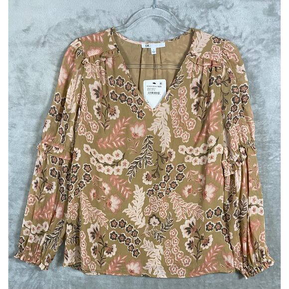 NEW Women's Small Brown and Pink Ruffle Long Sleeve Floral V-Neck Blouse Top - Picture 2 of 8